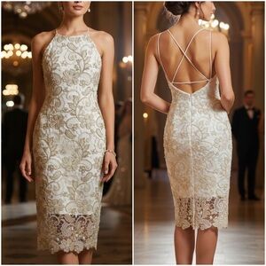 Nicole Miller Gold Lace Floral Midi Dress